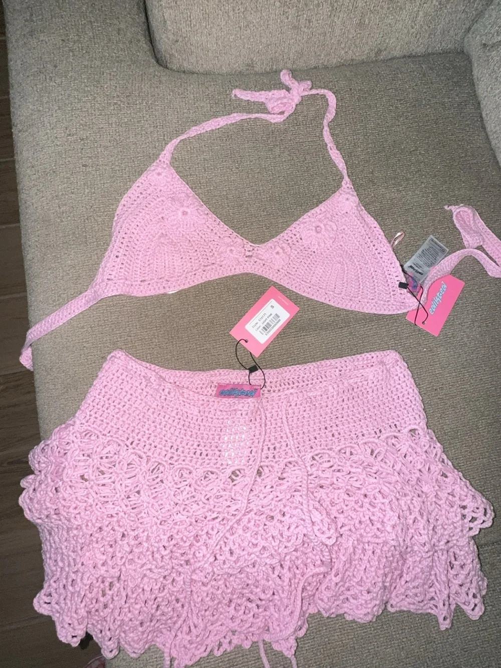 Edikted Pink Crochet Bikini Top and Tiered Coverup Set
